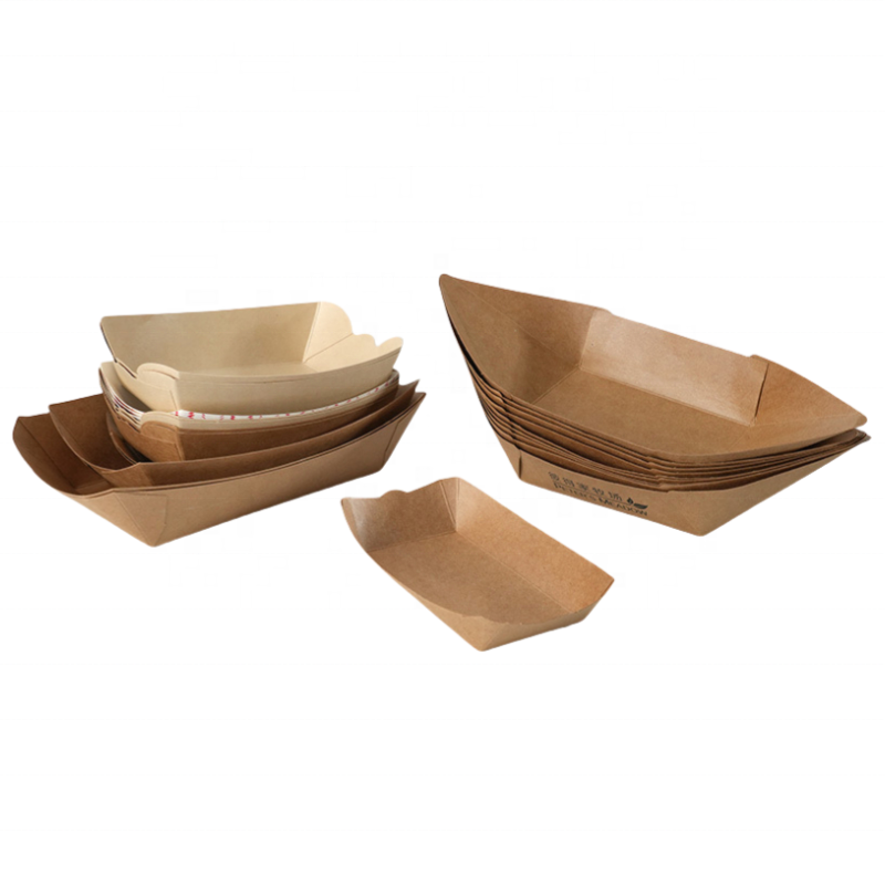 Kraft Paper Food Tray , disposable Kraft Paper Boat Tray With PLA Coating Fast Food Paper Tray