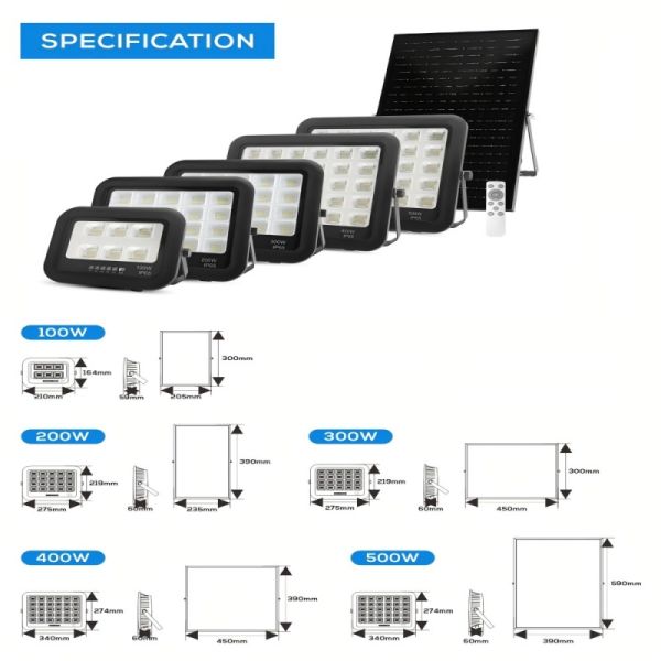 Ip65 ABS lámpara solar de vidrio templado 100w 200w 300w 400w 500w LED luz solar de inundación
