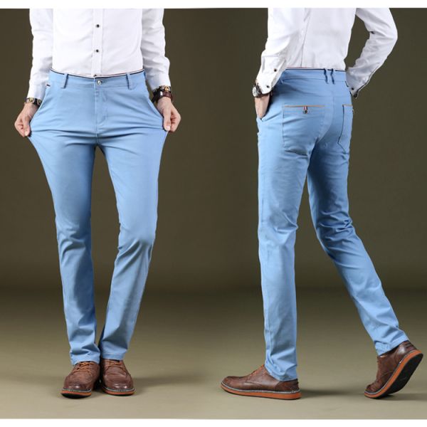 Men's Four Seasons Stretch Casual Pants with Slim Straight Design and Light Wash
