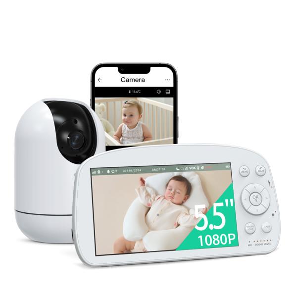 1080P Wifi 2.4Ghz FHSS PTZ cámara monitor de bebé 5.5 pulgadas con reproducción y canciones de cuna