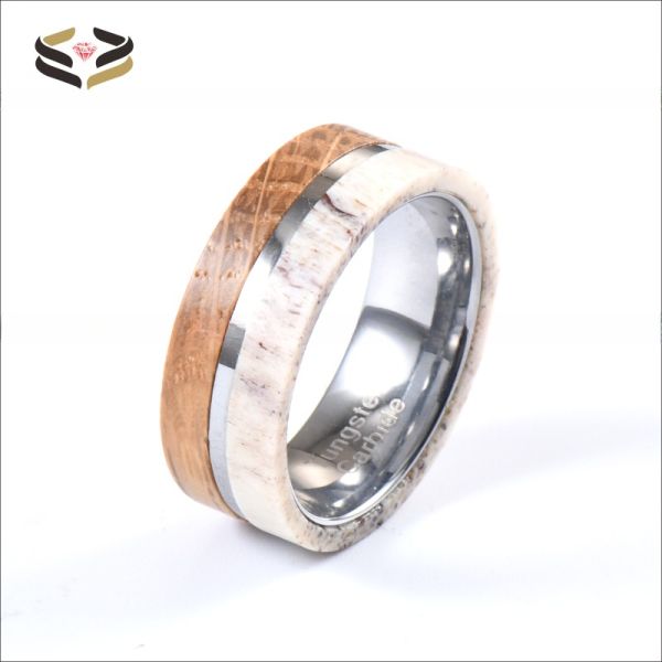 Bague de mariage vintage pour homme en carbure de tungstène avec incrustation en bois de baril de whisky et bois de cerf naturel de 8 mm, cadeau d'anniversaire