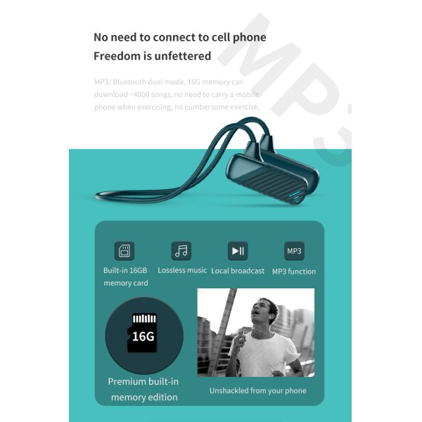 Long Standby Waterproof Neckband Bluetooth Earphones Build In 16GB Memory Card