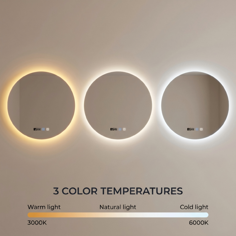 Kingstin Frameless LED Backlit Bathroom Mirror, Anti-Fog Smart Vanity Mirror with Time Display, 3 Color Dimmable Wall Mirror