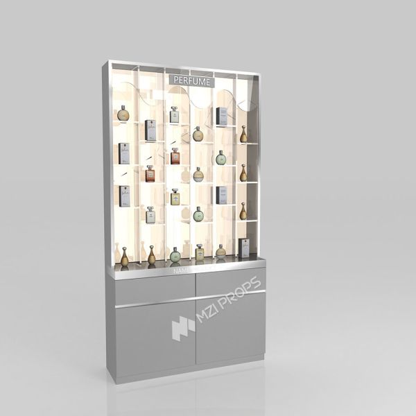 香水ストアキャビネット グレー木製ラミネートディスプレイキャビネット ブランドストアディスプレイ家具と高級ショップデザイン用