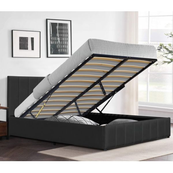 Black Velvet Fabric King Size Gas Lift Bed Wooden Frame