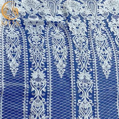 Tela nupcial branca do laço da lantejoula da sequência francesa para o vestido de casamento