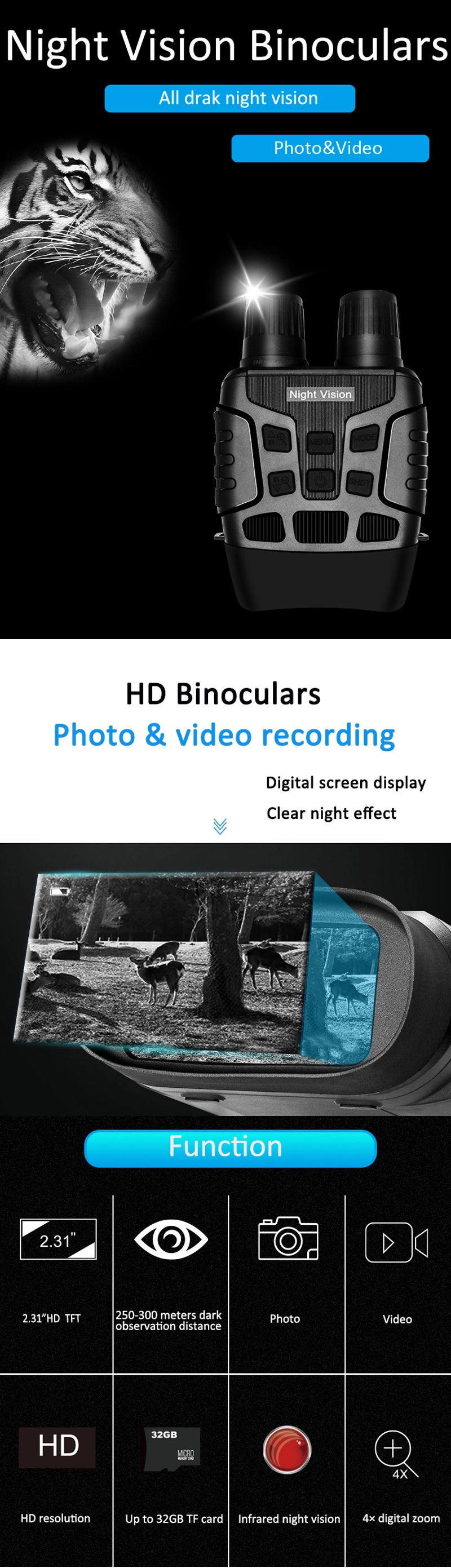 Binocular HD 720P Night Vision Binocular Infrared Device Manual Focus Night Vision Scope