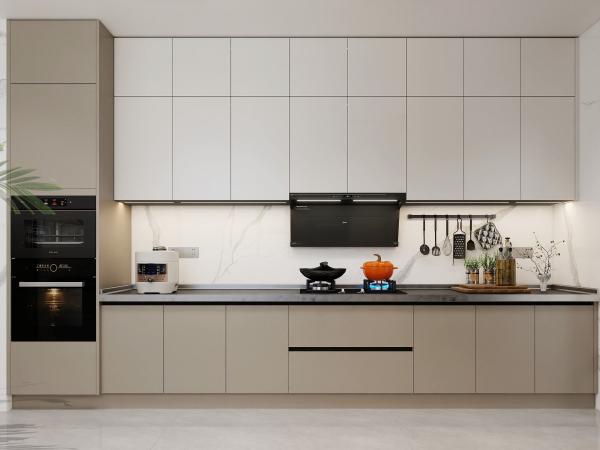 Off-White Stainless Steel U-Shaped Kitchen Cabinet With Seamlessly Integrated Design