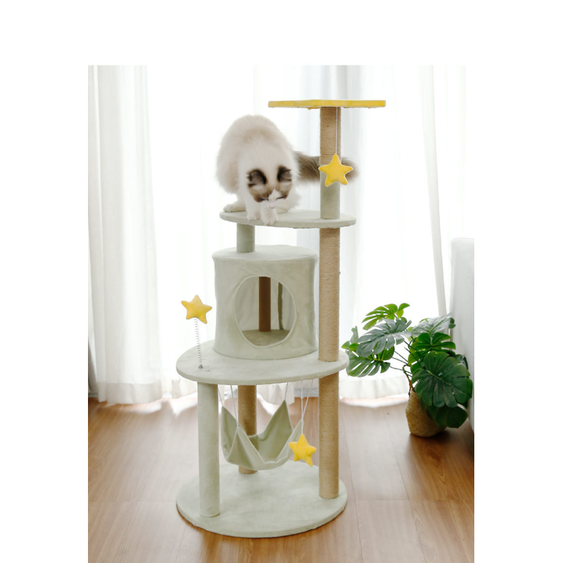 Commercial Buyers' Choice Light Green Cat Tree with Short Plush and Hanging Toys