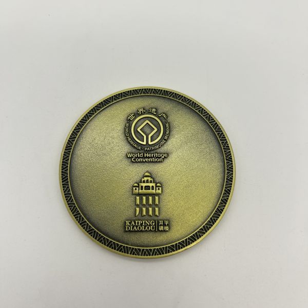 Custom challenge coins with 60mm size zinc alloy material and plating options including antique brass and black finishes
