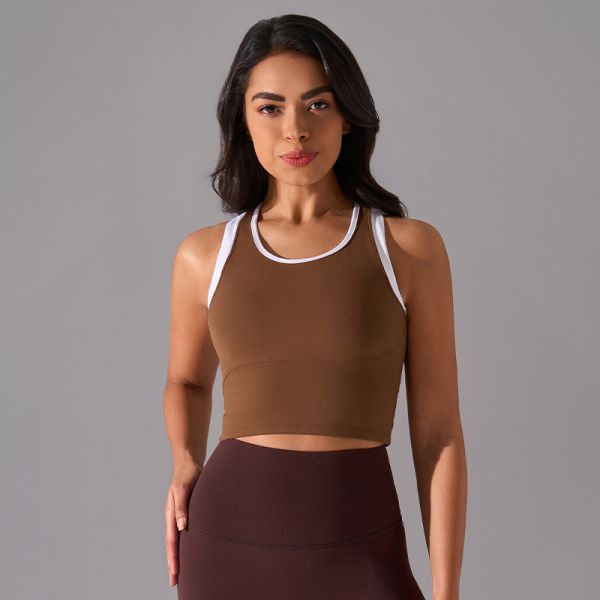 High Support Brown Racerback Sports Bra with White Trim Moisture Wicking