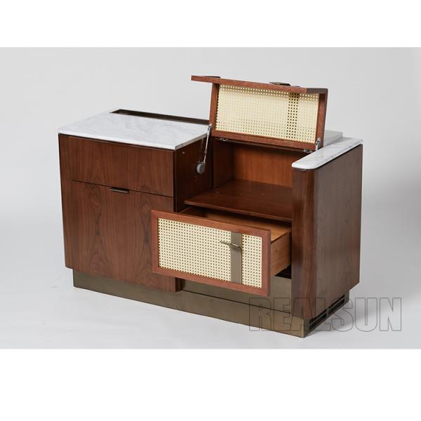 Walnut Veneer Functional Console Hotel Room Dresser With Brushed Brass Metal Base
