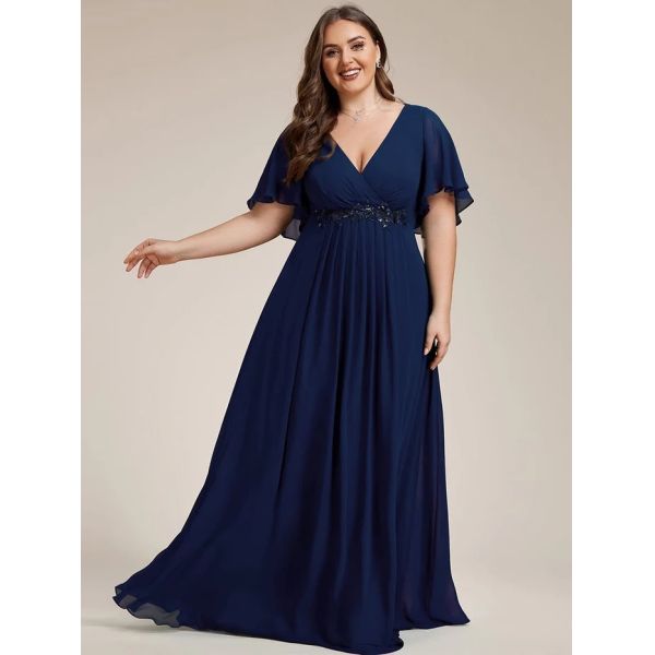 Empire Plus Size Applique Short Sleeve A-line V-neck Flutter Sleeves Invisible Zipper Navy Blue Chiffon Evening Dress