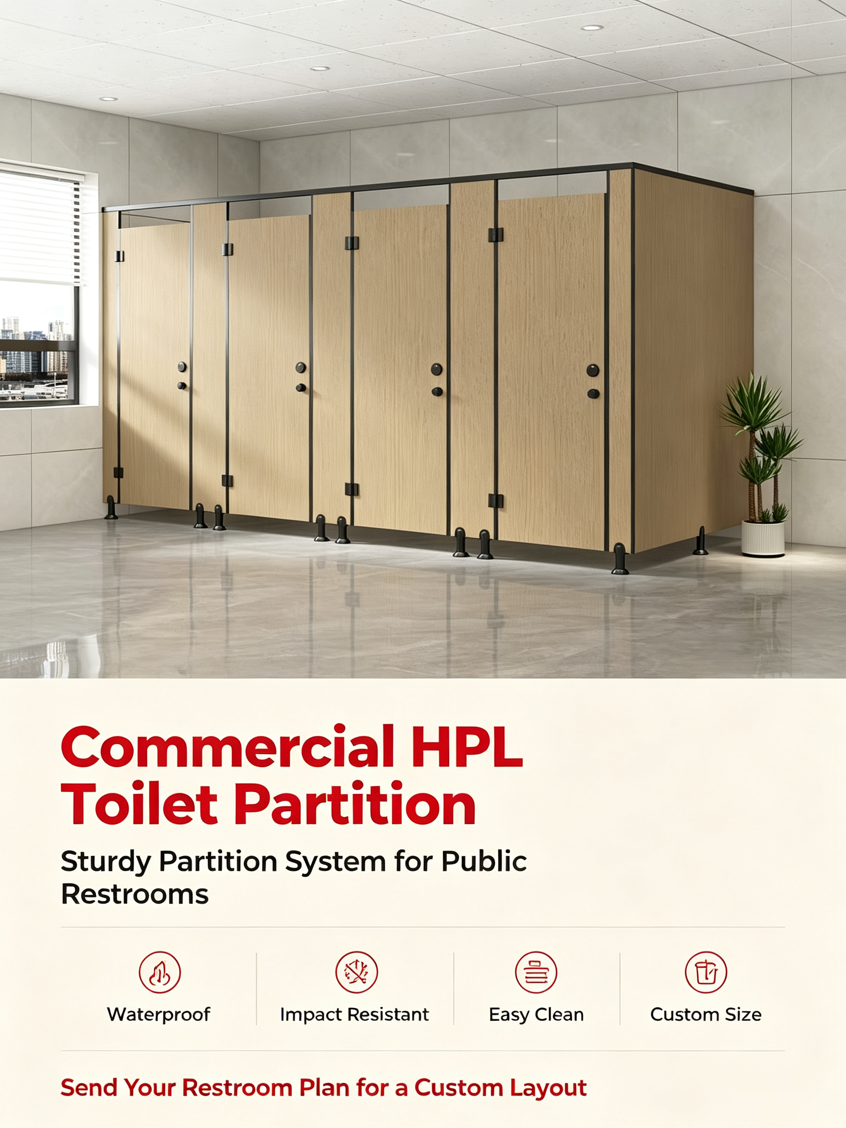 Commercial HPL Toilet Partition, Waterproof Moisture-proof Phenolic Compact Board Public Restroom Partition with Hardware Fittings