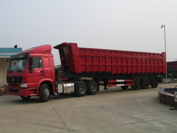 Construction Tri Axle High Side Dump Trailer , Semi Dump Truck Trailer For Cargo Transporter