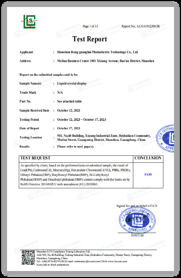 Rongguang Hui Optoelectronics Science and Technology Certifications