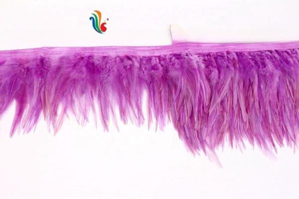 Decoração de festa de 4-6 polegadas Stretch Saddle Hackle Feather Fringe Trim com fitas de fita satinada padrão tingido