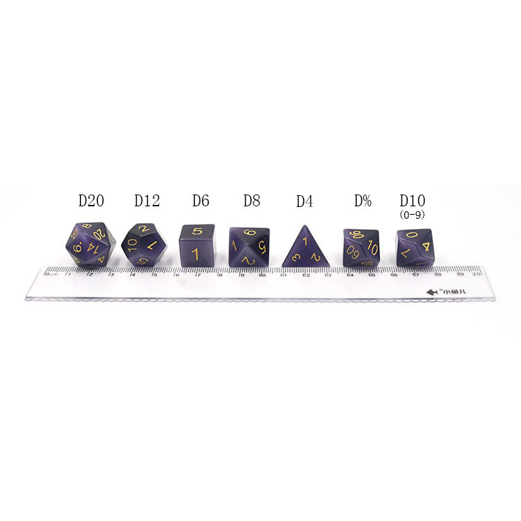 Natural Purple Cat's Eye Stone Polyhedral Dice Set - Hand Carved DND Dice with Golden Paint Engraved Numbers