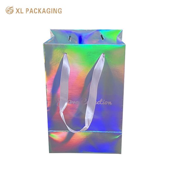 Custom Holographic Paper Shopping Bags with Ribbon Handles for Cosmetics