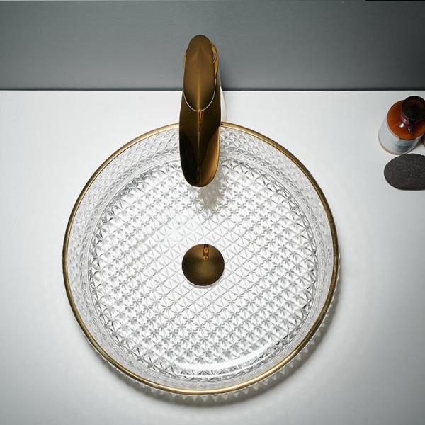 Gold Edge Round Glass Wash Basin 45mm Bathroom Vessel Sink