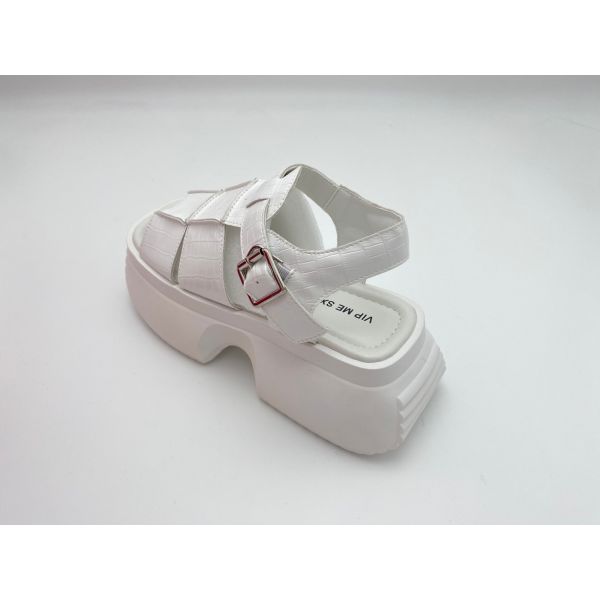 Women white sandals with thick soled and metal button genuine leather
