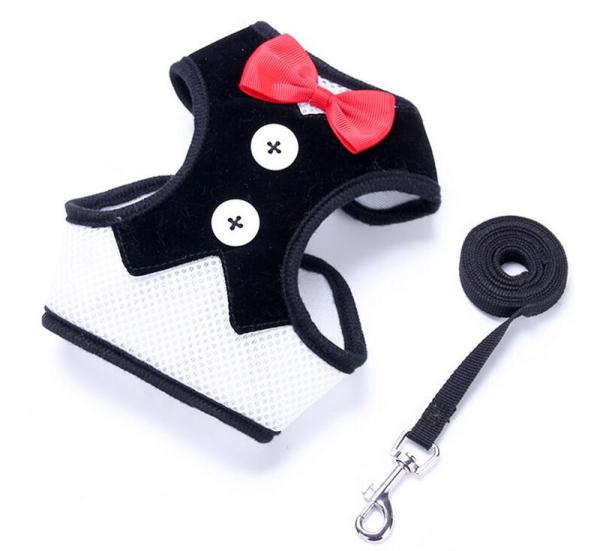 Adjustable Collar Leash Harness Set Handmade Dog Collar With Bow Tie Traction Vest Rope L 35-50cm