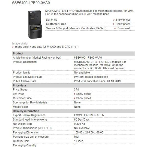 Módulo de comunicación del inversor de 6SE6400-1PB00-0AA0 6SE6 400-1PB00-0AA0 Siemens
