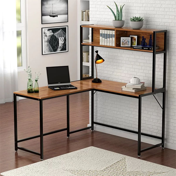 Customized Soho Solid Wood Gaming L Shape Desk with Metal Legs and Book Shelf Storage