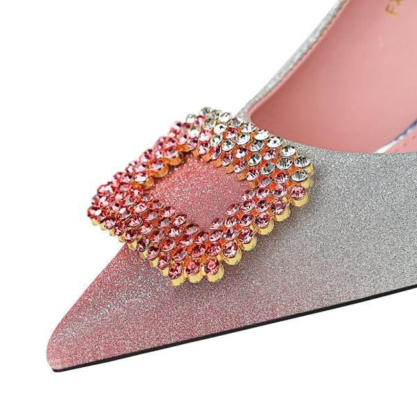 96161-8 Korean Sexy Party High-Heeled Shoes Stiletto High-Heeled Shallow Pointy Color Gradient Rhinestone Buckle Single