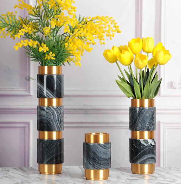 OEM Painting Decorative Flower Vase Gold Plated Cylinder With Marble