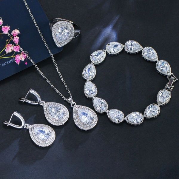 Water Drop Rhinestone Long Pendant Full Crystal Silver Plated Necklace & Earrings Elegant Bridal Wedding Jewelry Set