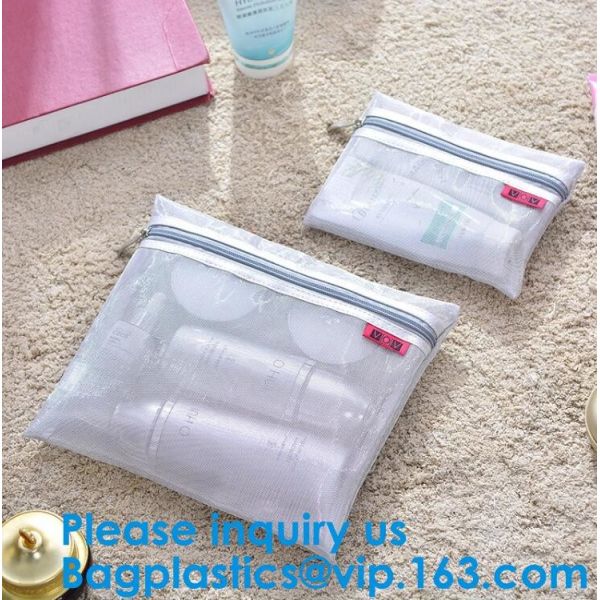 Travel Toiletry PouchCustom Small Portable White Mesh Zipper Cosmetic Bag With Leather Trim/Ladies Eco Makeup Hand Bag