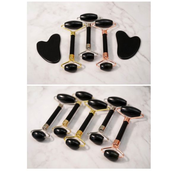 Muscle Massage Custom Black Bian Stone Gua Sha Scraping Board Guasha Face Roller Gift Box Set for Spa Skin Care Routine
