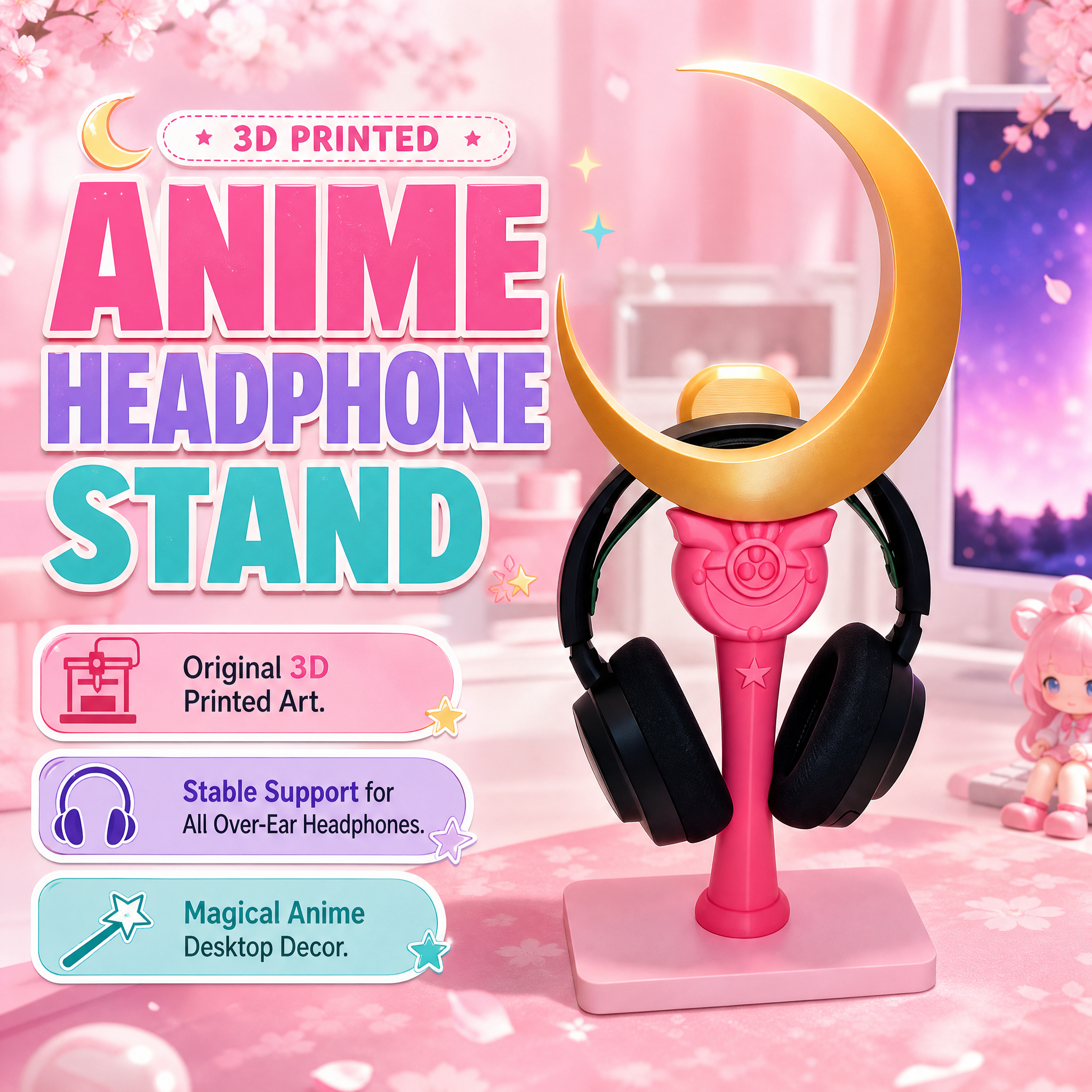 Cute Gaming  3d Print Products Sailor Moon Magic Stick Headset Stand For Desk Storage