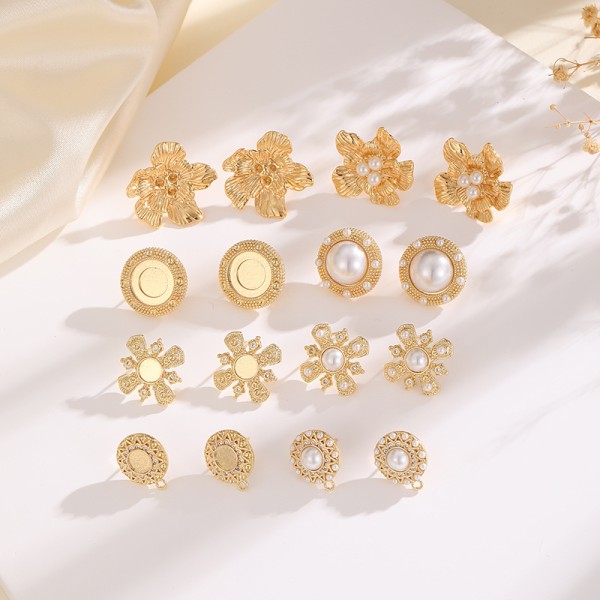 Fashion Brass Gold Plated Earring Round Mosquito Coil Flower Pearl Inlaid Zircon Studs DIY Geometric Women's Jewelry Earrings
