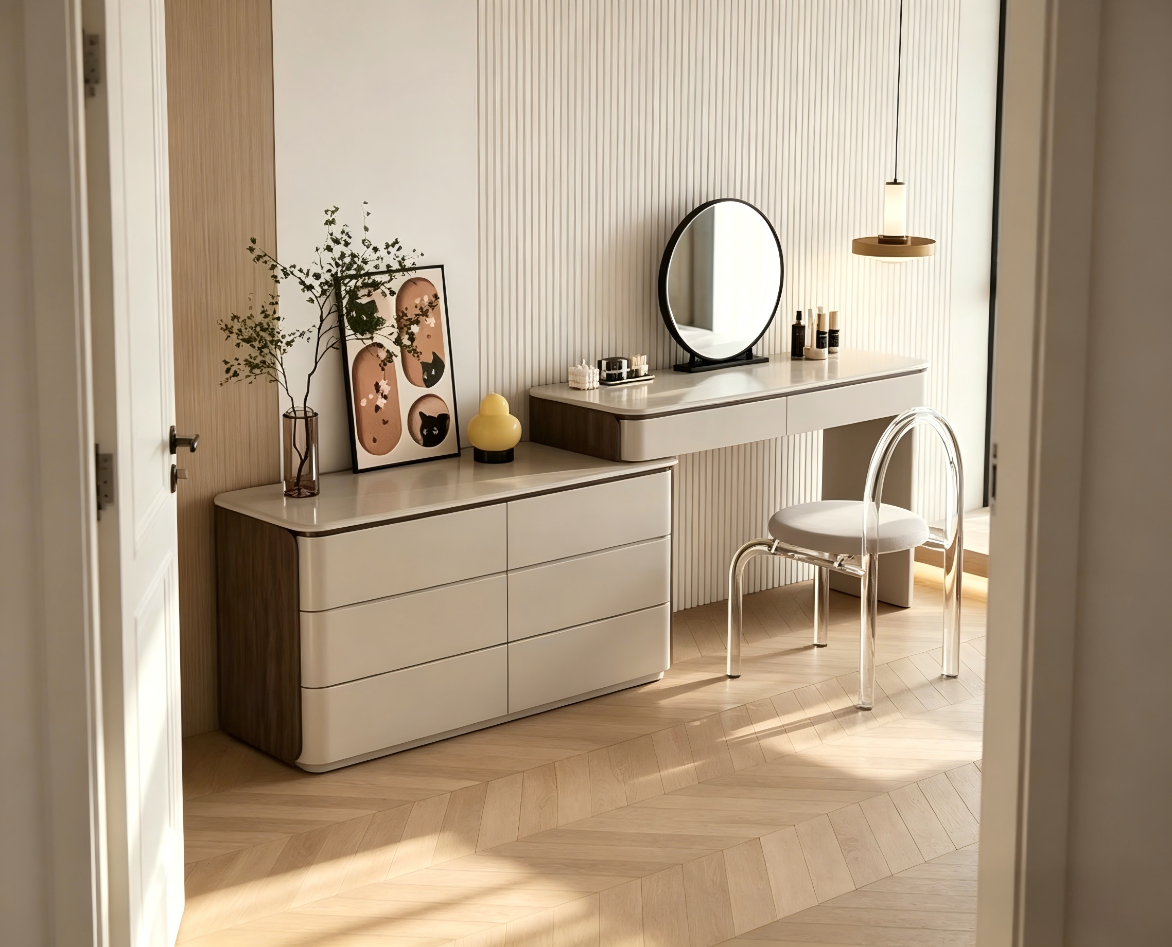 Modern Walnut Accent Vanity Dresser Combo LED Makeup Vanity