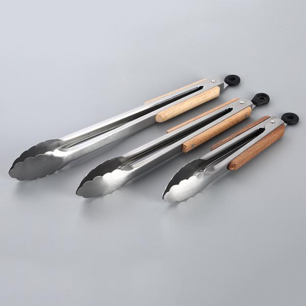 Heat Resistant Kitchen Food Tongs Stainless Steel Wood Handle Barbecue Food Clip