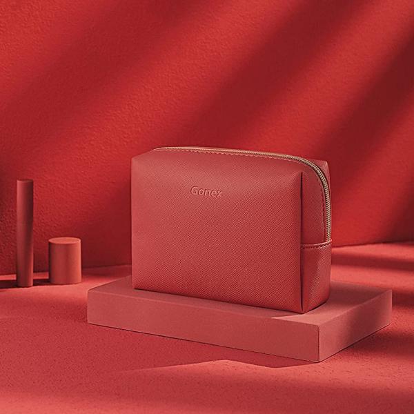 PU Leather Zippered Cosmetic Makeup Bag Red Small For Daily Use