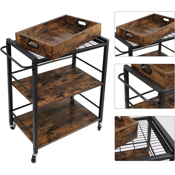 Food Serving Oak Wood Catering Modern Kitchen Cart Trolley 3 Tier Rustic Brown