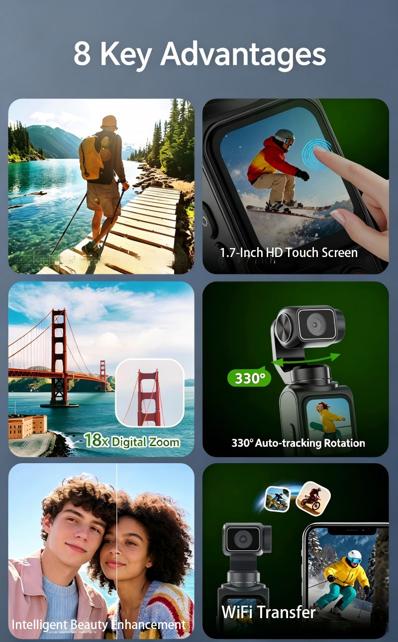 DLC M105 4K Ultra HD Gimbal Camera 330 Auto Rotation 18X Zoom 1.7 Inch Touchscreen WiFi 31 Filters Travel Sports Vlogging