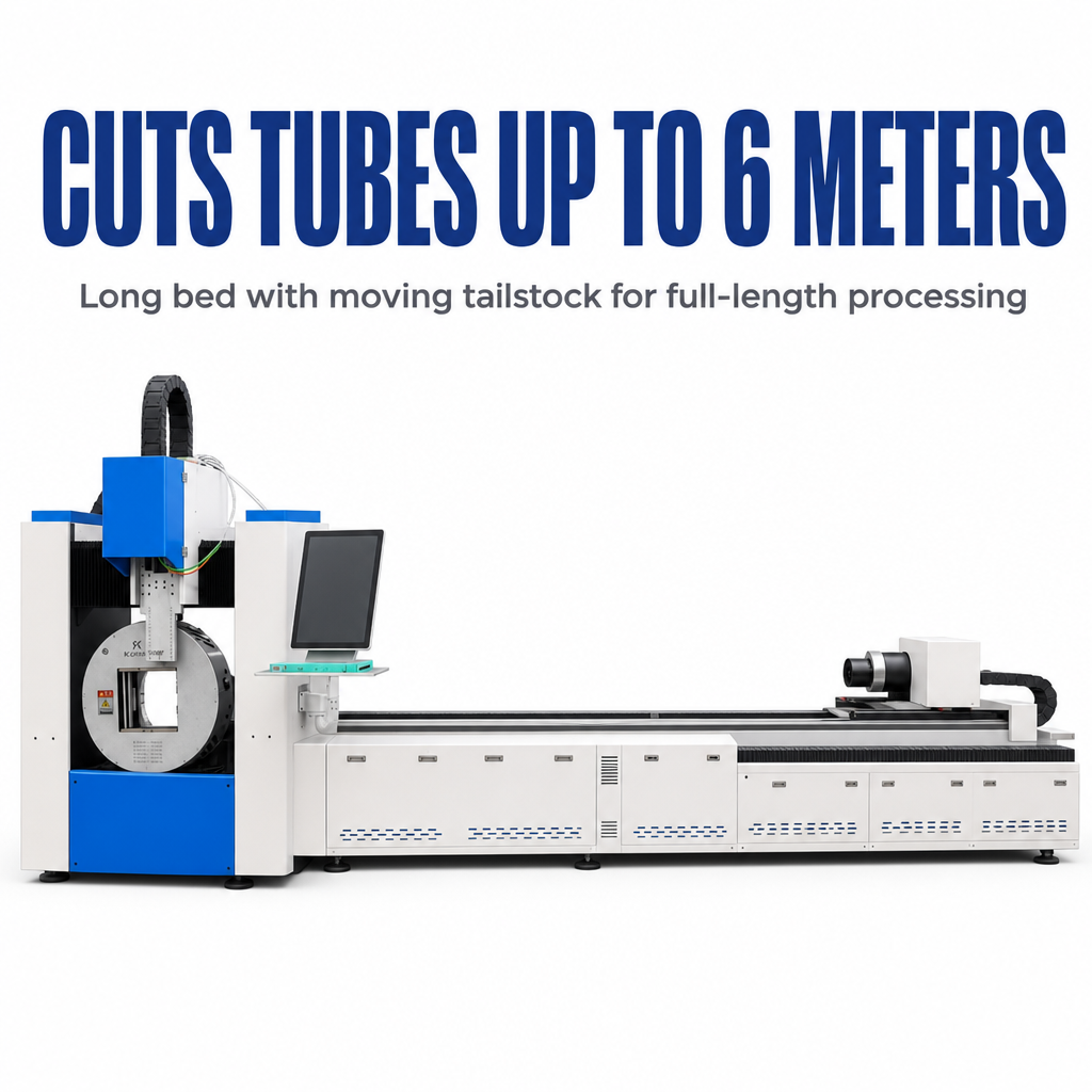 6M CNC Fiber Laser Tube Cutting Machine, Long Bed with Moving Tailstock for Full‑Length Metal Pipe Processing