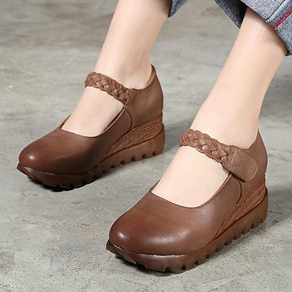S288 New Style Genuine Leather Thick-Soled Slope Heel Spring Shoes Factory Direct Sales Pure Color Simple Leather Ethnic