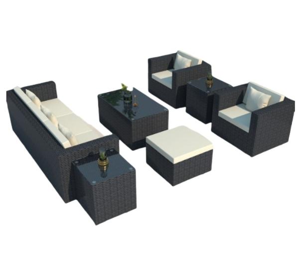Mobiliário de jardim de pátio moderno de luxo Sofá exterior de rotinão preto Mesa de café Conjunto de cadeira de rotinão de aço Mobiliário exterior