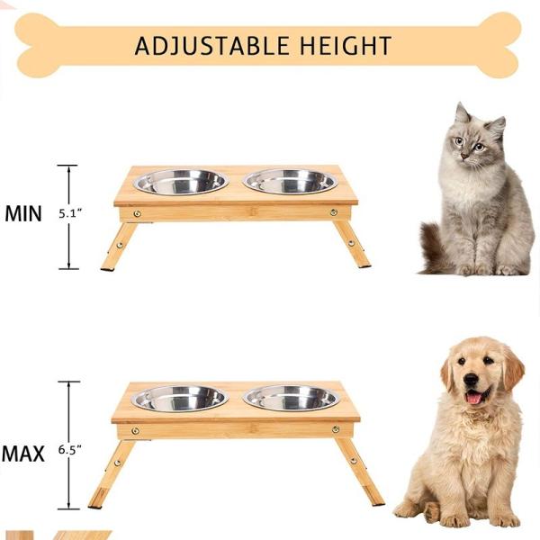 Single Tier Sustentável Bambú Dobrável Pet Feeder Antiderrapante Duas Copas para Sustentável