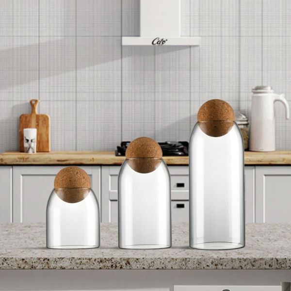 Hand Blown Borosilicate Glass Storage Jars Cork Lid Modern For Freshness Preservation