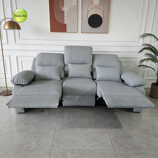 Beige Reclining Sofa Set with Multi-position Adjustable Backrest, Ergonomic Design, and Built-in Storage Pockets for Home Theater