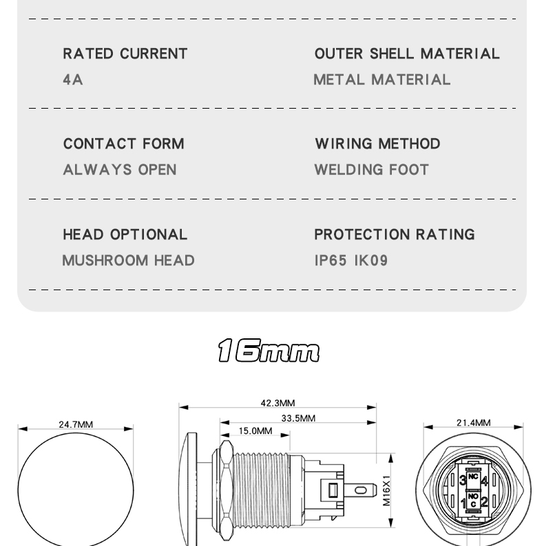 16MM Metal Button Switch Reset Self-Locking Normally Open and Normally Closed Mushroom Head Button Red and Green Momentary Custom Logo