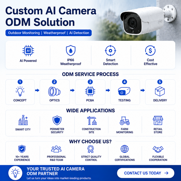 Custom AI Camera ODM Solution Outdoor Monitoring Weatherproof AI Detection PCBA Lens
