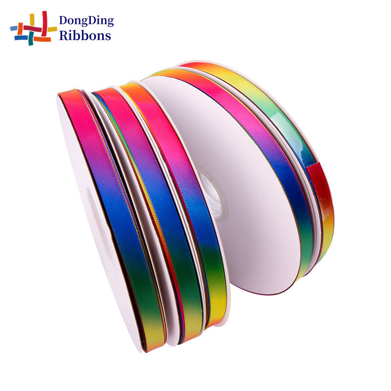 Custom 1 Inch Satin Ribbon Printed Rainbow Polyester Ribbon for Packing Gift Wholesale
