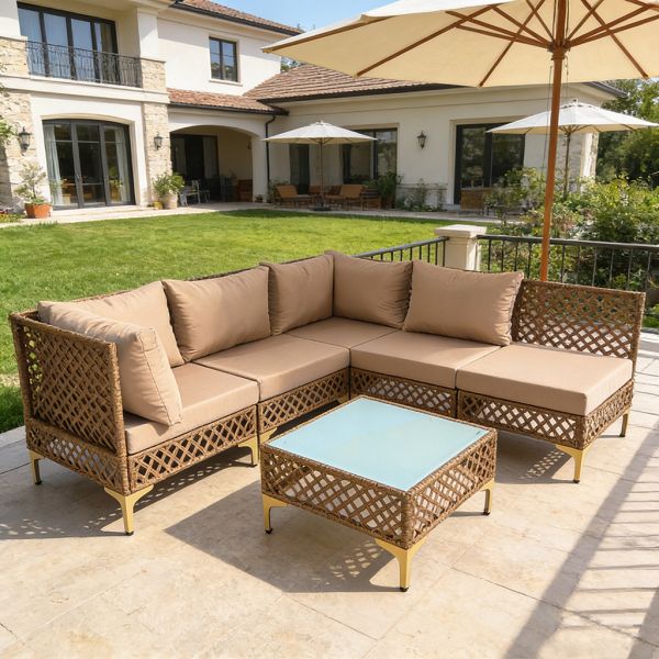 6 Pieces PE Wicker Sectional Outdoor Sofa with Coffee Table Backyard Patio Furniture Sets